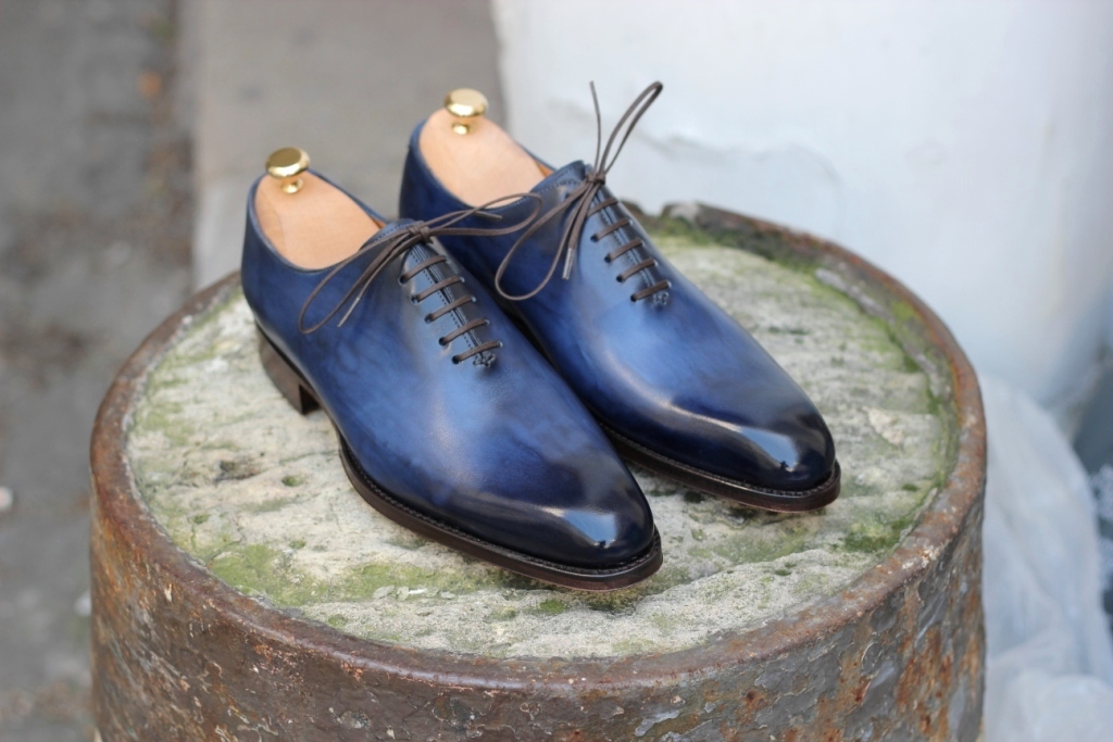 Handmade Blue Patina Finish Whole cut Leather Oxfords custom Shoes for