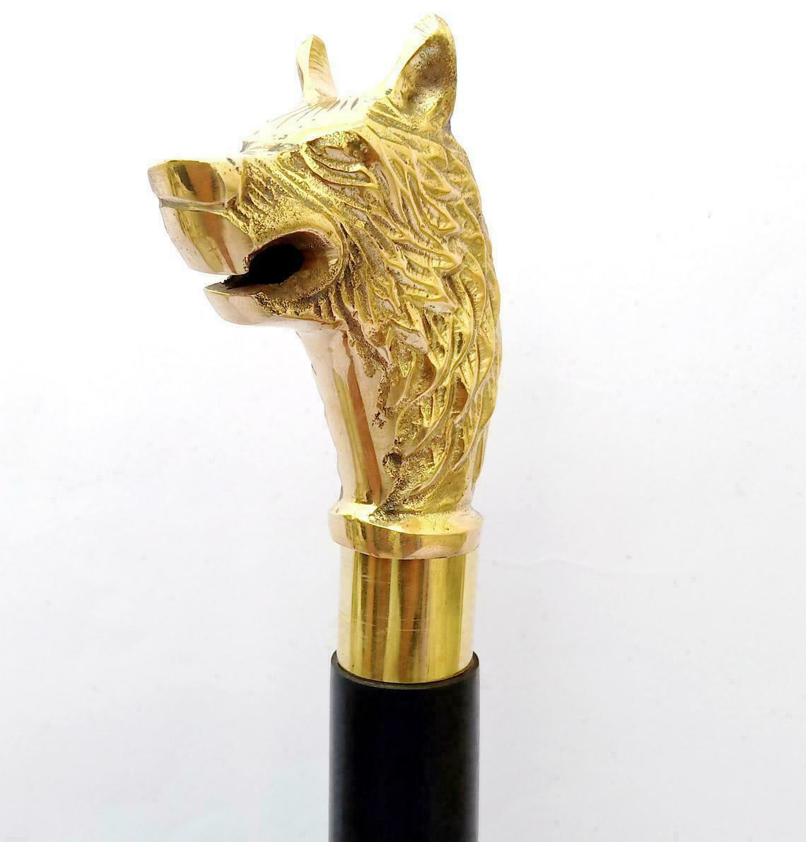 VINTAGE WOLF HEAD Solid Brass Wolf Head Handle For Walking Stick Canes Shaft 