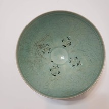 Asian Celadon Bowl, vintage Korean Japanese inlaid ceramics, signed by artist image 3
