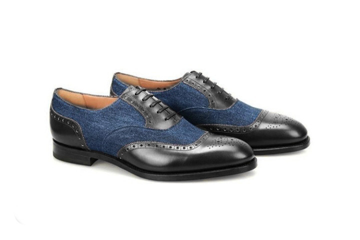 Wing Tip Rounded Toe Men Blue Black Real Leather LaceUp Vintage ...