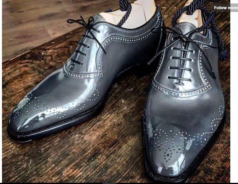 Handmade Men American Luxury Brogues Toe Gray Leather Shoes, leather