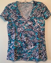 Lilly Pulitzer XS Michele Teal Blue White Stretchy T-Shirt Top Women&#39;s K... - $22.76