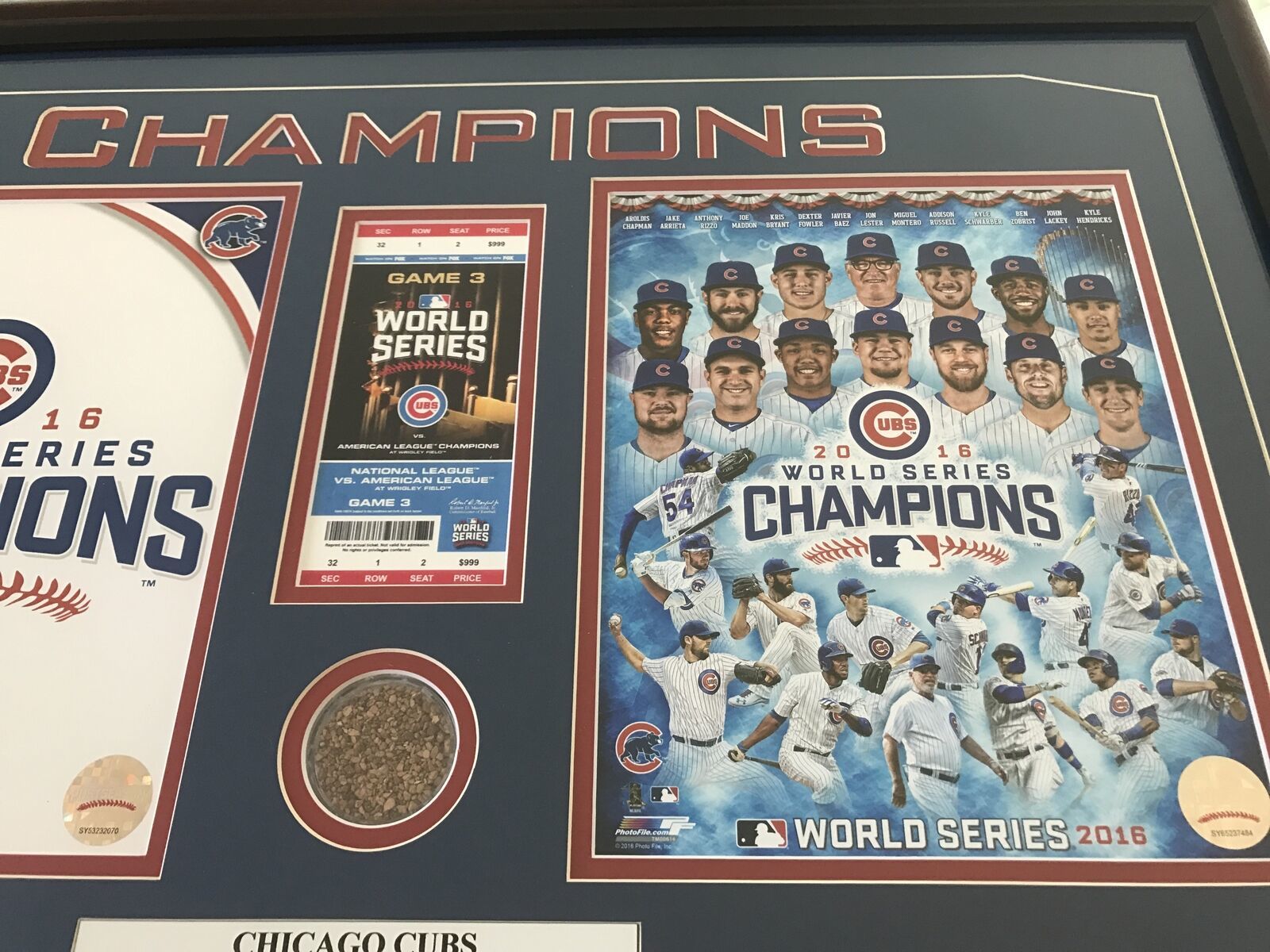 Chicago Cubs Game 7 World Series Game Used Dirt / Ticket Framed