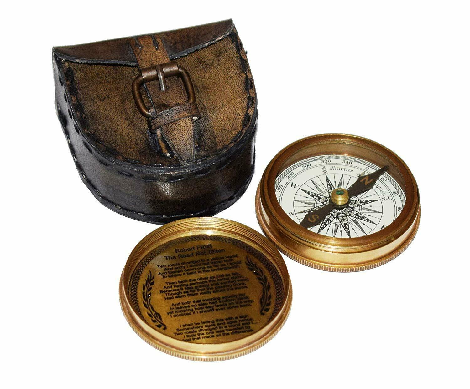 Antique Brass Maritime Stanley London Sundial Pocket Compass w Leather Case Gift