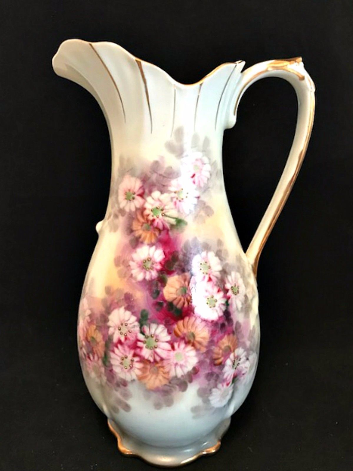 Vintage Ucagco Ceramics Japan Pitcher Handpainted Floral Gold Trim 10 inches Made in Japan