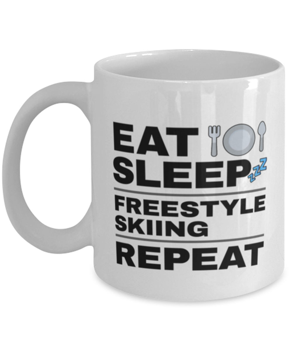 Funny Freestyle Skiing Mug - Eat Sleep Repeat - 11 oz Coffee Cup For Sports