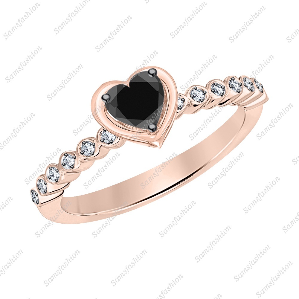 Women's Heart Black & White Diamond 14k Rose Gold Over 925 Anniversary Band Ring