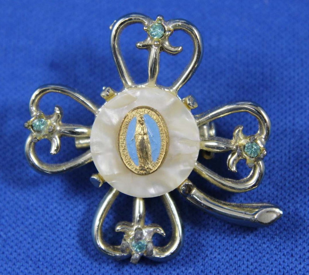 Shamrock Mother Mary Brooch Religious Catholic Jewelry Rhinestone