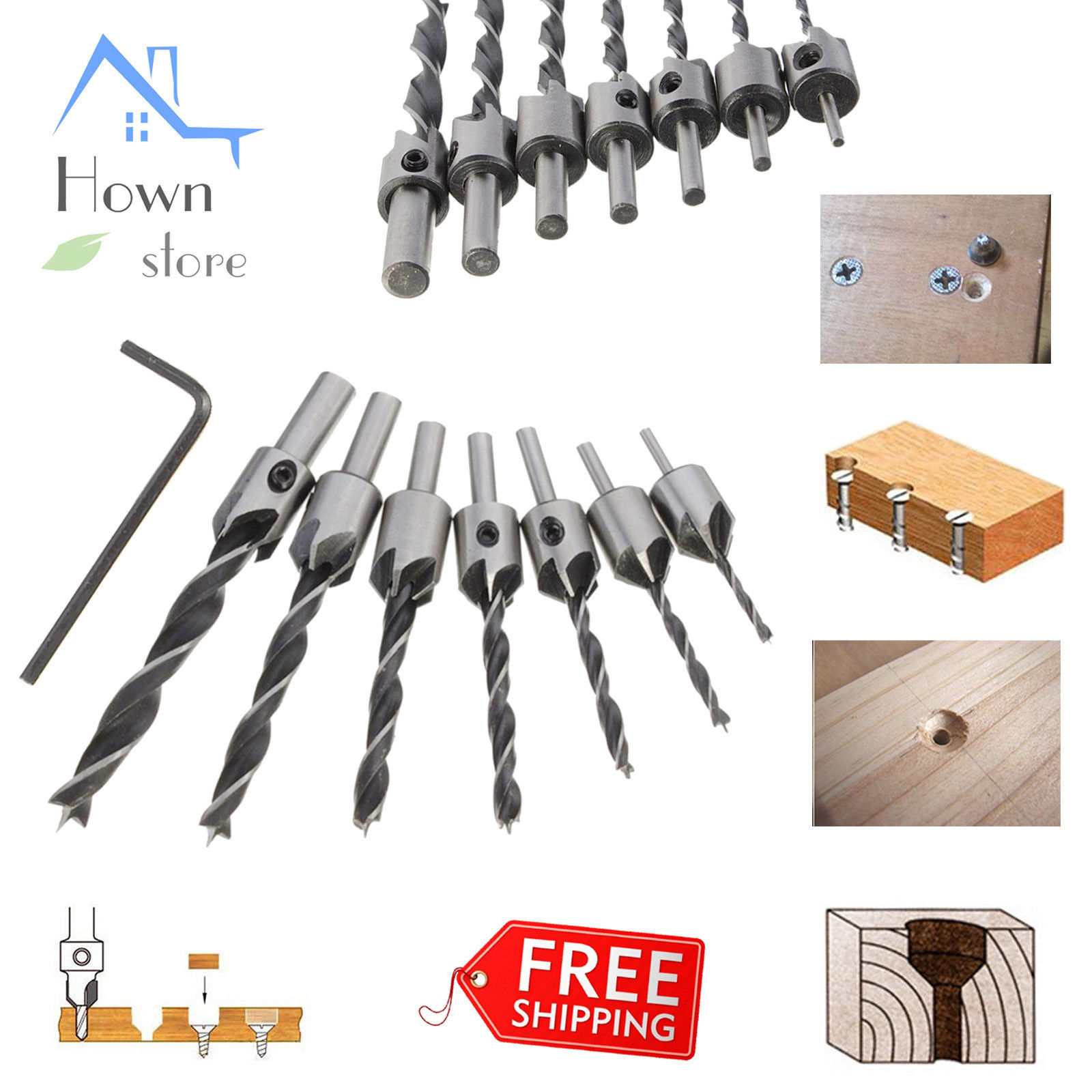 Countersink Drill Bit Set Rotating Depth Stop Plug Wood Mill Plug
