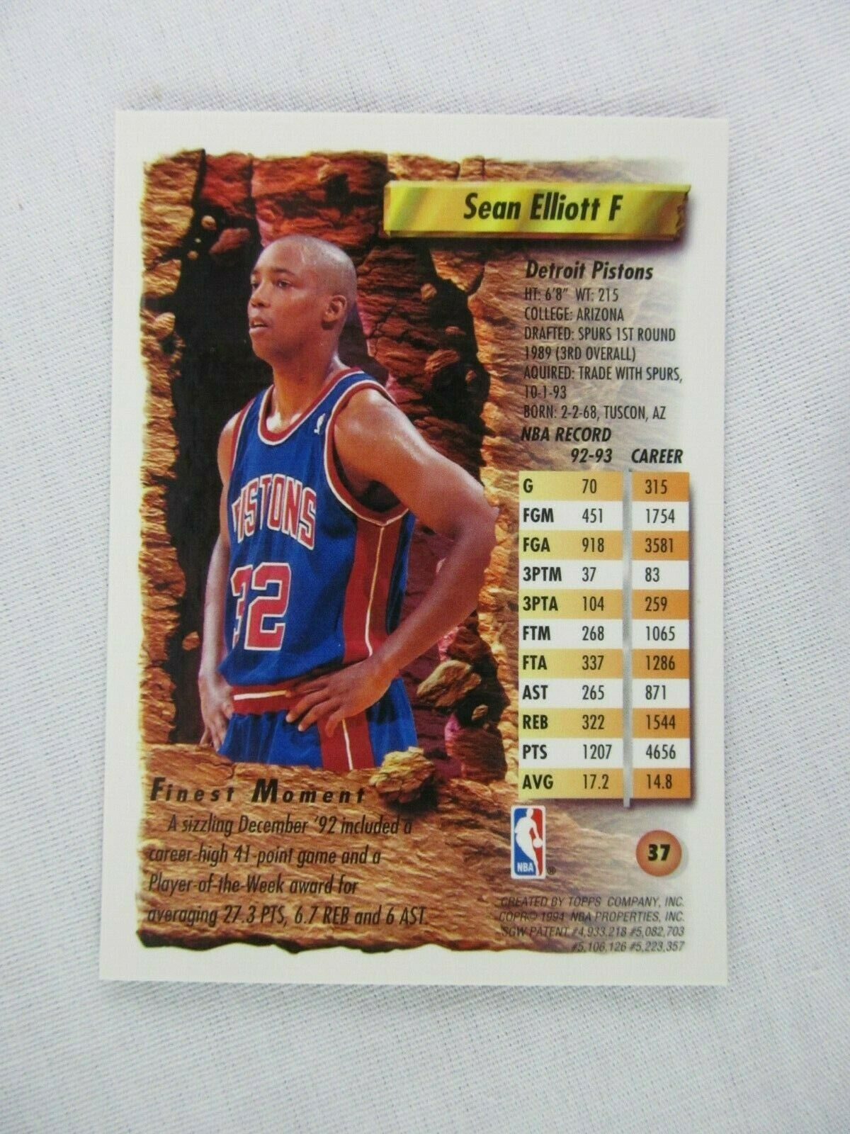 Sean Elliott Detroit Pistons 1994 Topps Finest Basketball Card 37