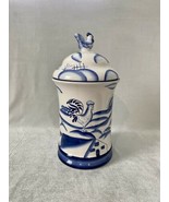 Vintage Ceramic Cookie Jar Canister Blue and White with Rooster / Chicke... - $22.44