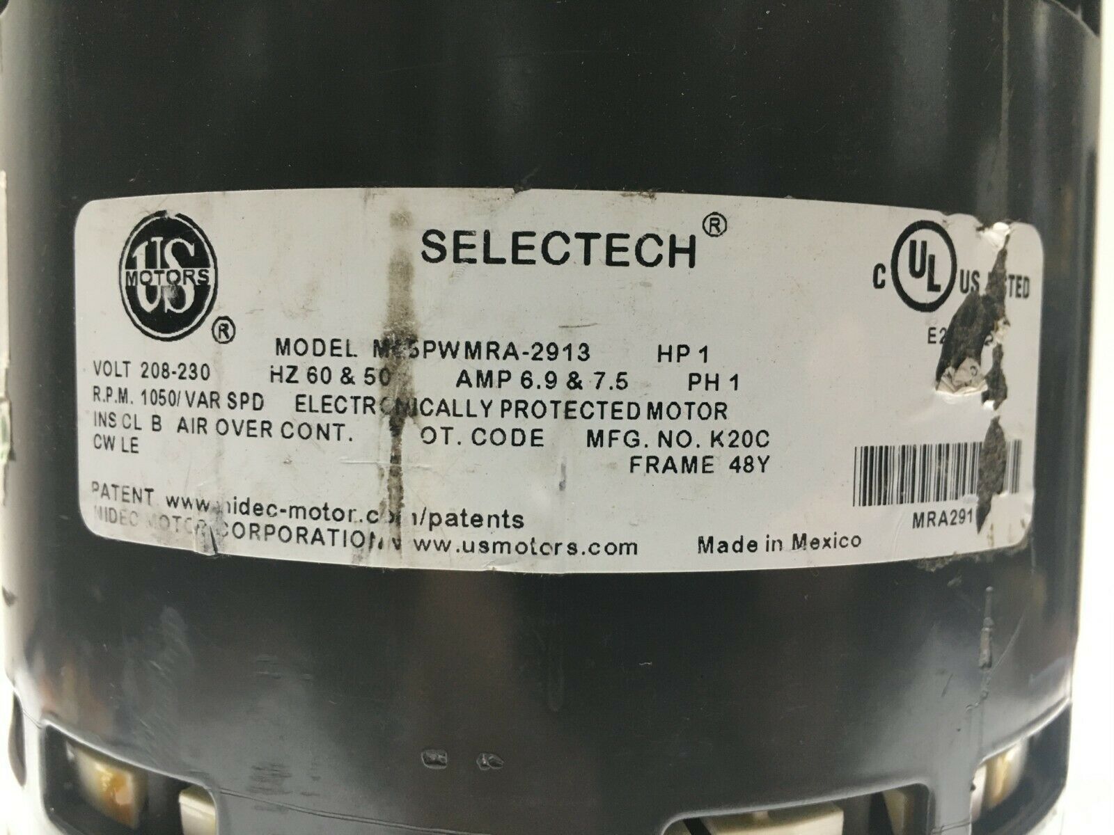 US Motors NIDEC M55PWMRA-2913 SELECTECH Blower Motor 1HP 208-230V 1050 ...