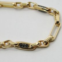 SOLID 18K YELLOW GOLD BRACELET SQUARE TUBE OVAL LINK BLACK ZIRCONIA, ITALY MADE image 2