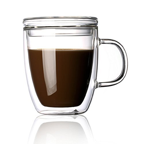 Glass Coffee Mug With Lid Handle 16 Oz Borosilicate Double Wall