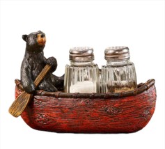 Salt & Pepper Set of 2 Glass Shakers Black Bear in Canoe w Paddle Holder Resin 