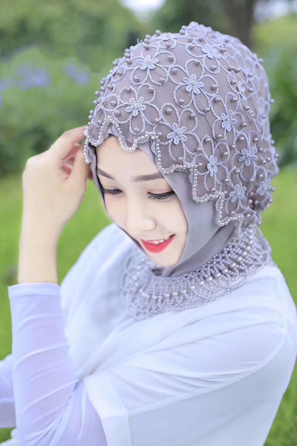 Muslim Beaded Necklace Hijab Cap Islamic Wedding Headscarf Women Pearl