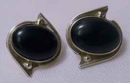 TAXCO MEXICO Vintage Silver &amp; Black Onyx Cabochon EARRINGS Pierced TL-41 - $59.95