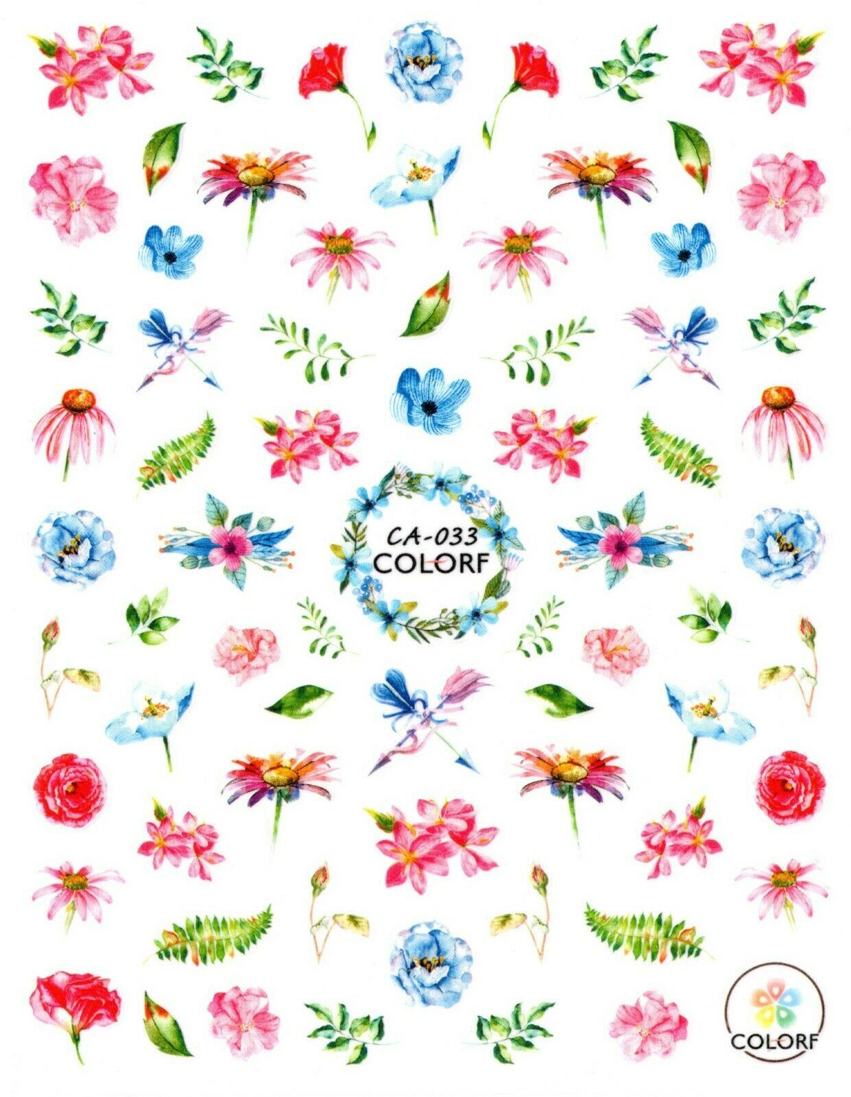 Nail Art 3D Decal Stickers Pink Blue Green Flowers CA033