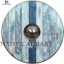 NauticalMart Aged Wood Viking Shield in Glacier Blue