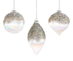 Christmas Ornaments Set of 3 Iridescent Glass with Beads Glitter & Sequins
