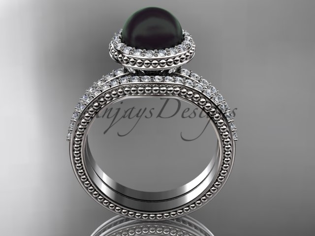 Cultured Black pearl wedding ring set, Platinum diamond