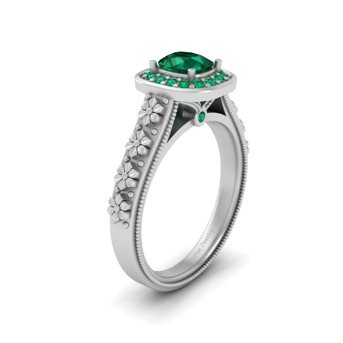 Art Nouveau Flower Wedding Ring Cushion Cut Green Emerald Halo Ring For Womens