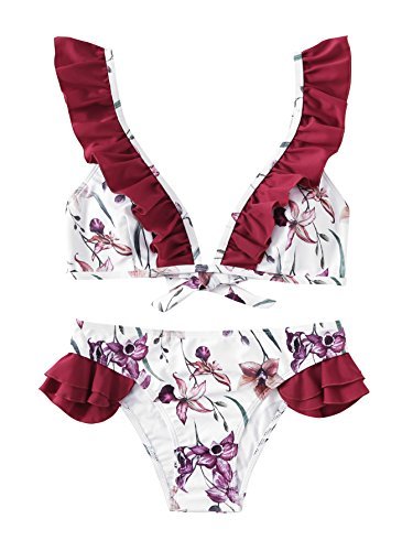 SOLY HUX Women's Flower Print Ruffle Strap Bikini Set White S - Swimwear