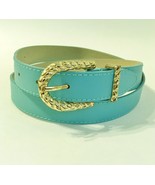 Turquoise Blue Thin Belt Gold Rope Metal Buckle Faux Leather Stitched Womens - $20.00