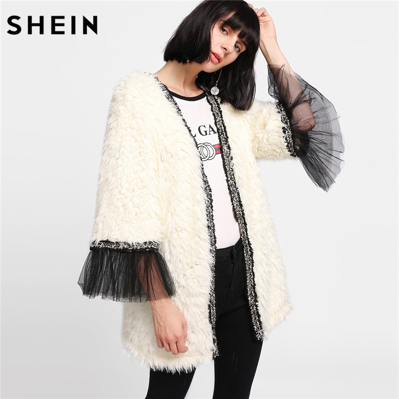 SHEIN Winter Coat Beige Women Faux Fur Coat Color Block Long Sleeve