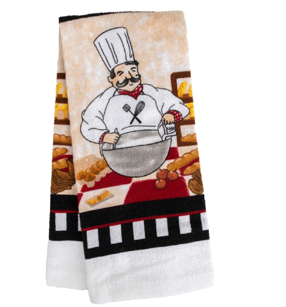 FAT CHEF KITCHEN SET 7pc Towels Pot Holders Dishcloths Black Red French