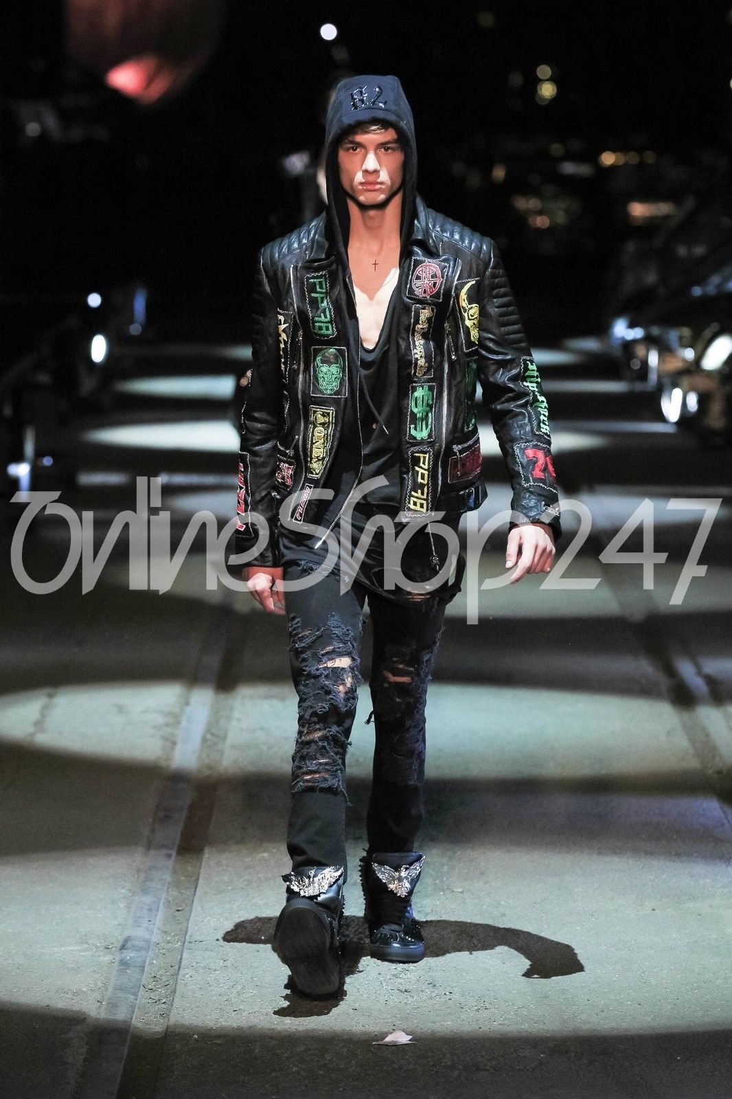 Philip Plein Mens 2016 Fashion Black Embroidery Patches Zippered Leather Jacket