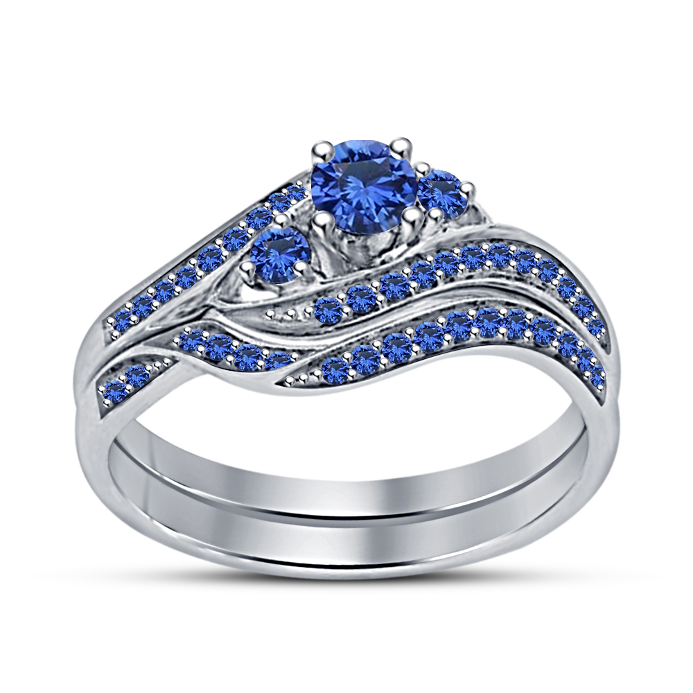 Womens Engagement Blue Sapphire Promise Ring Set 14k White Gold Over