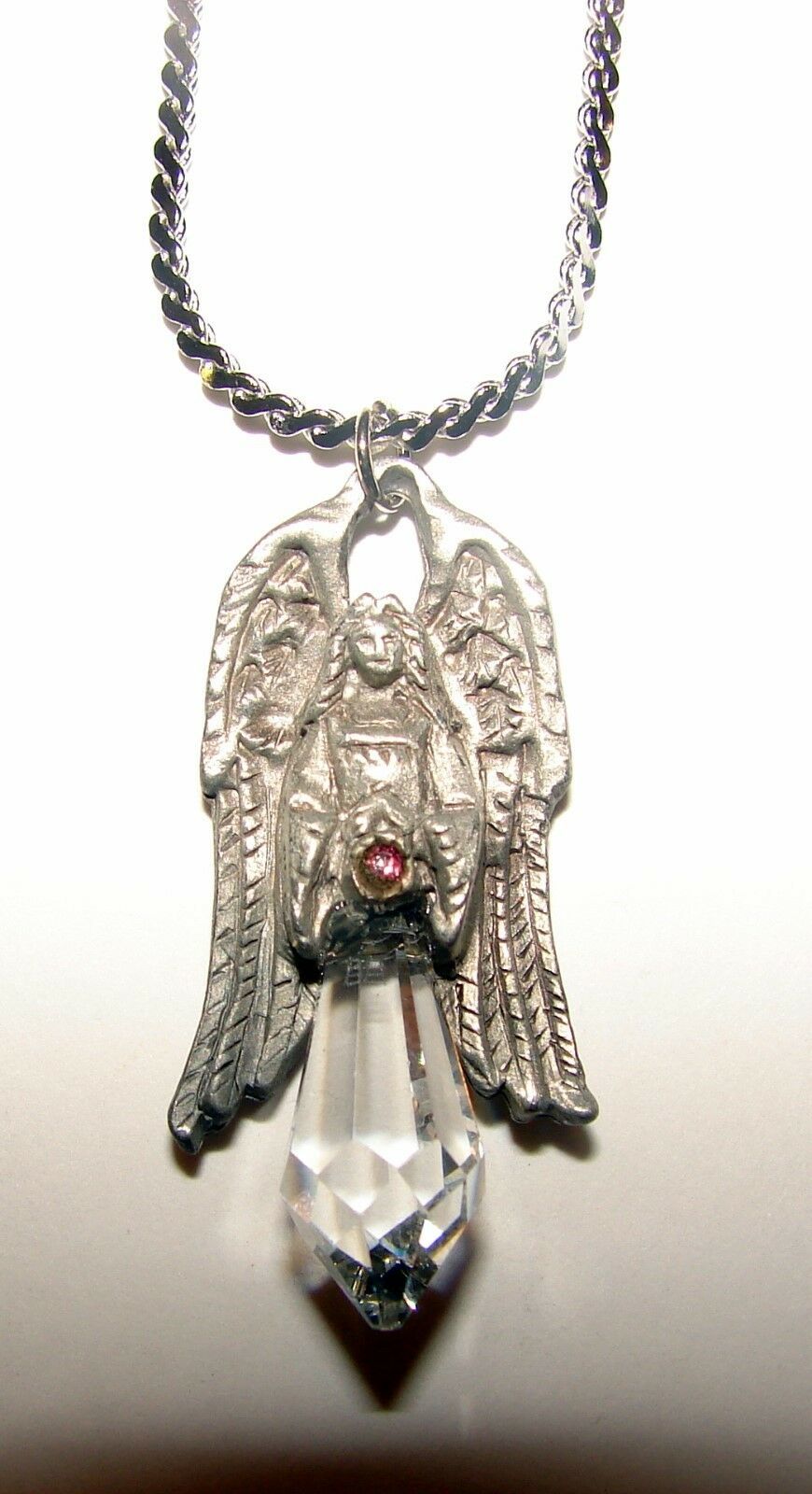 NEW PEWTER ANGEL PENDANT WITH CRYSTALS and 24" chain Pendants & Pins