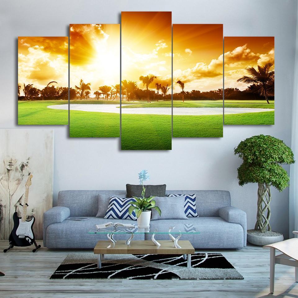 Framed 5Pcs Golf Course Sunset Canvas Print Painting Wall Art Picture