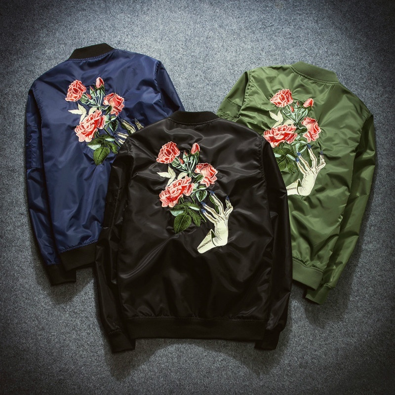 2018 New Mens Fashion Flight Bomber Jackets Male Back Embroidery Florales Outerw