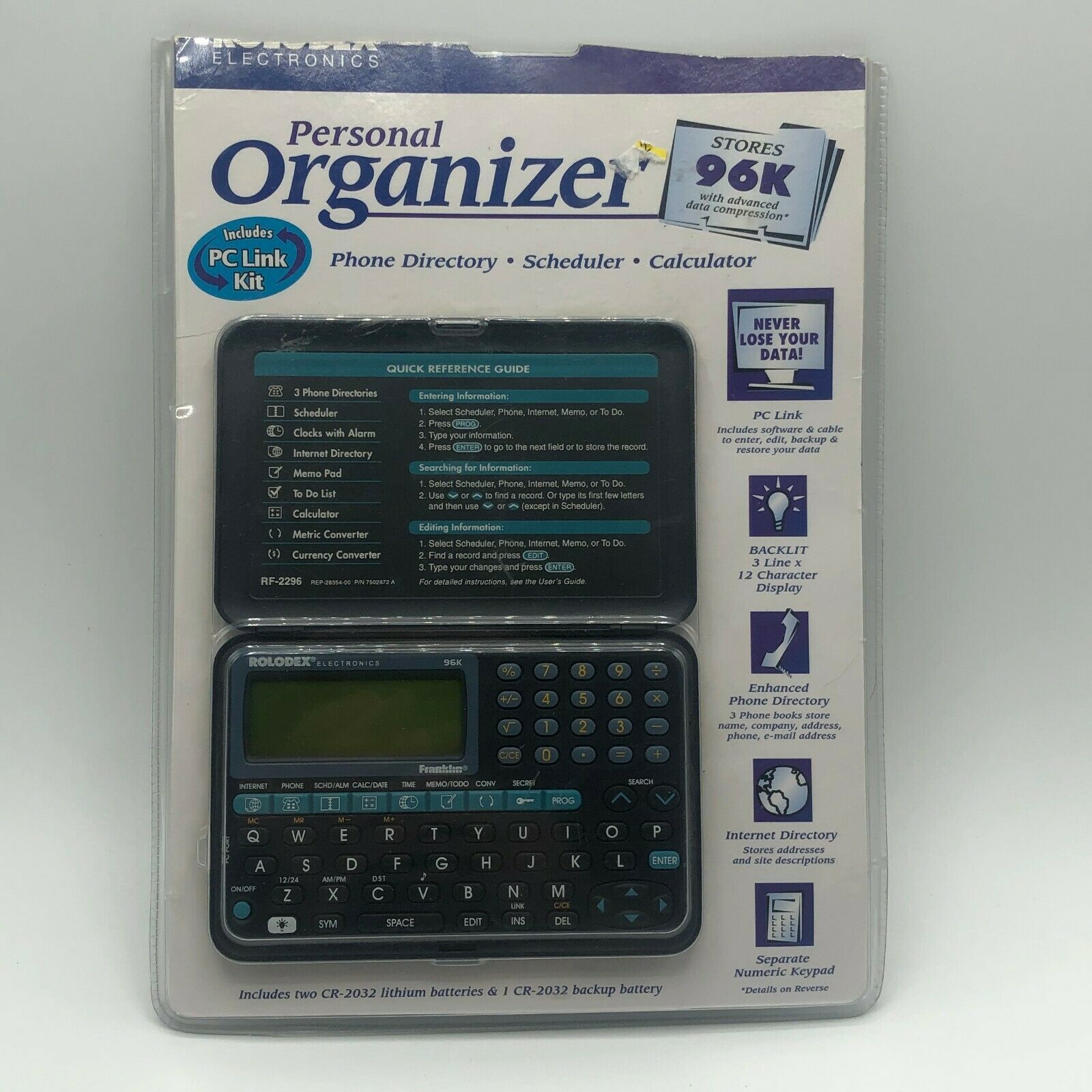 Rolodex Personal Electronic Organizer RF2296 PC Link Kit Pocket 96K