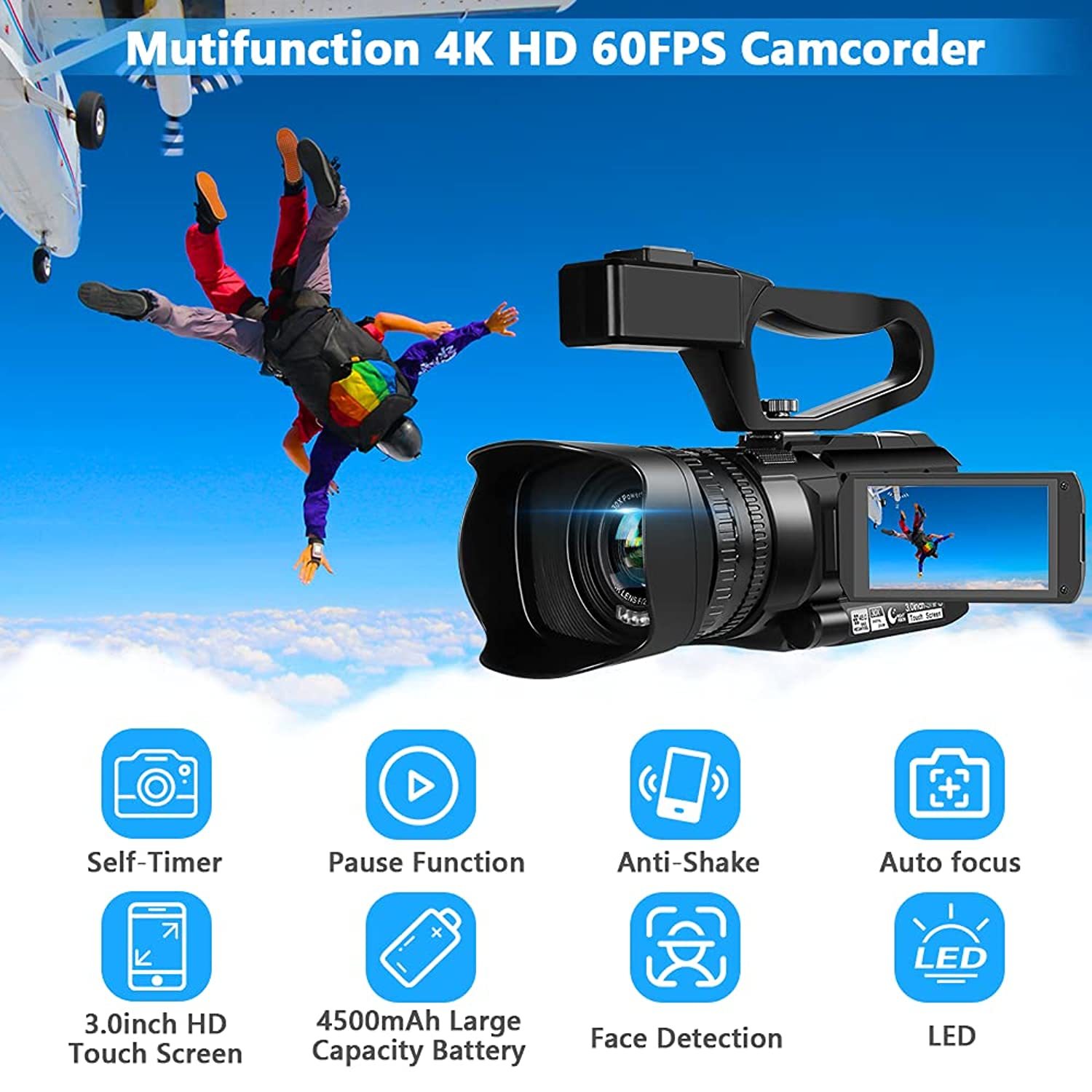 Video Camera 4K Hd Auto Focus Camcorder 48Mp 60Fps 30X Digital Zoom
