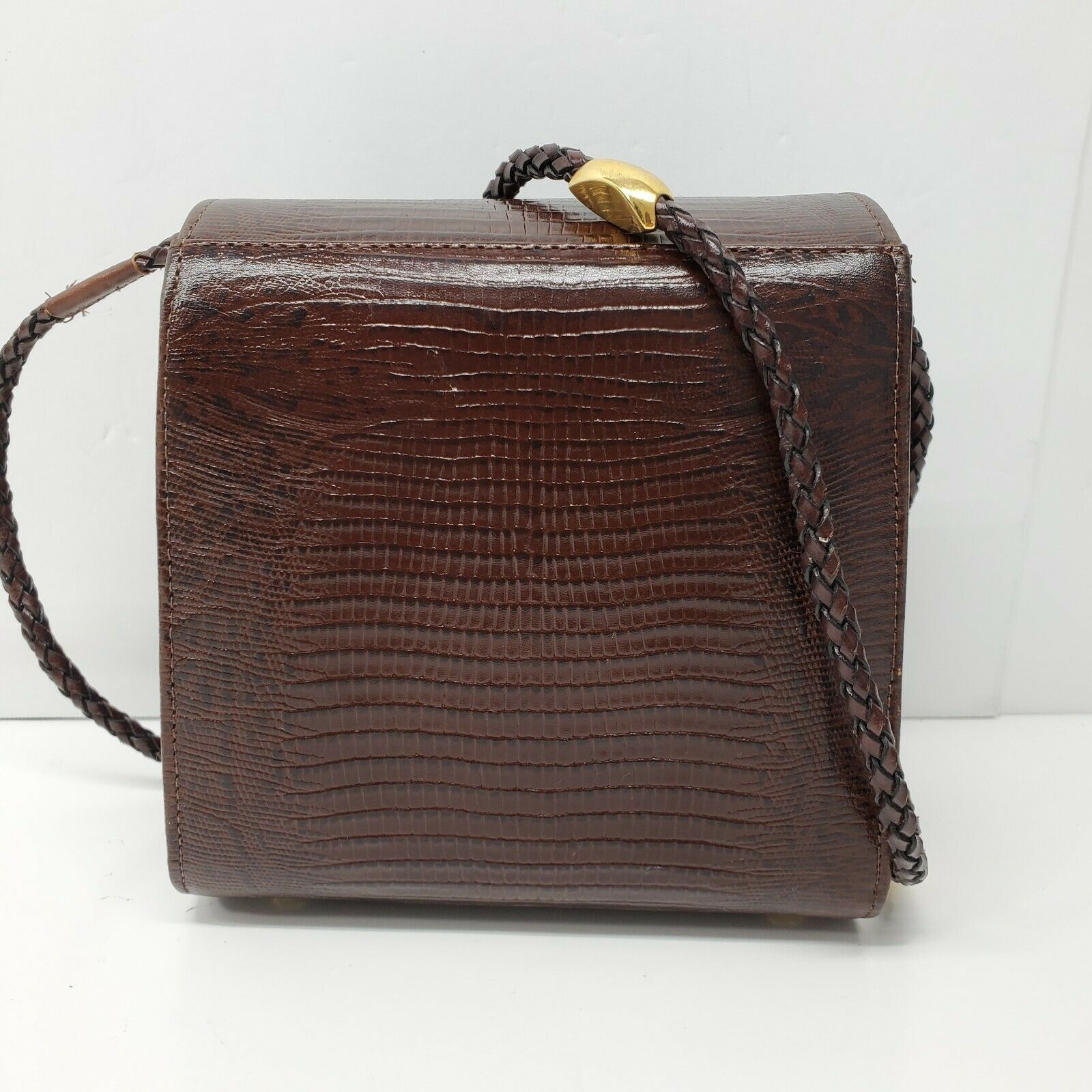 GEM Genuine Leather Purse Lizard Embossed Braided Strap Brown Gold