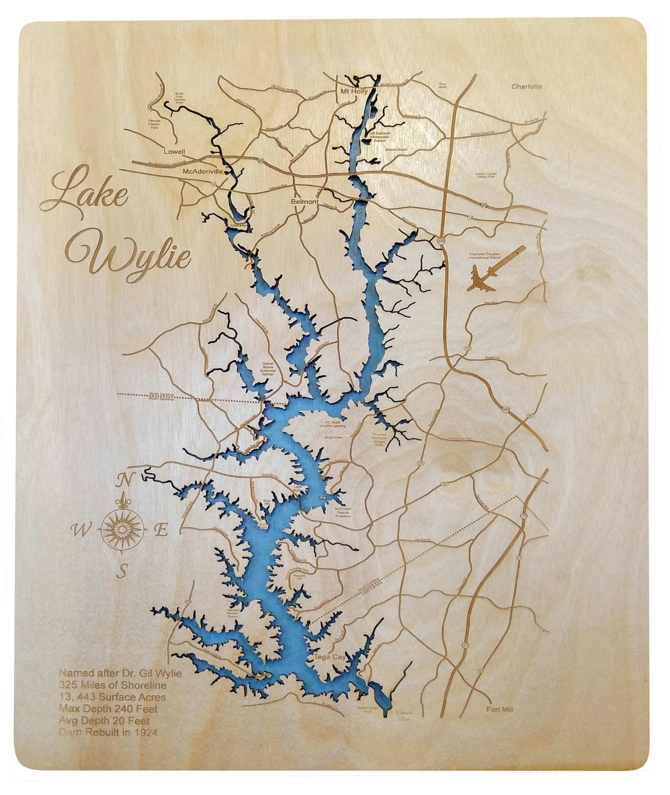 Wood Laser Cut Map of Lake Wylie, NC, SC Topographical Engraved Map Plaques & Signs