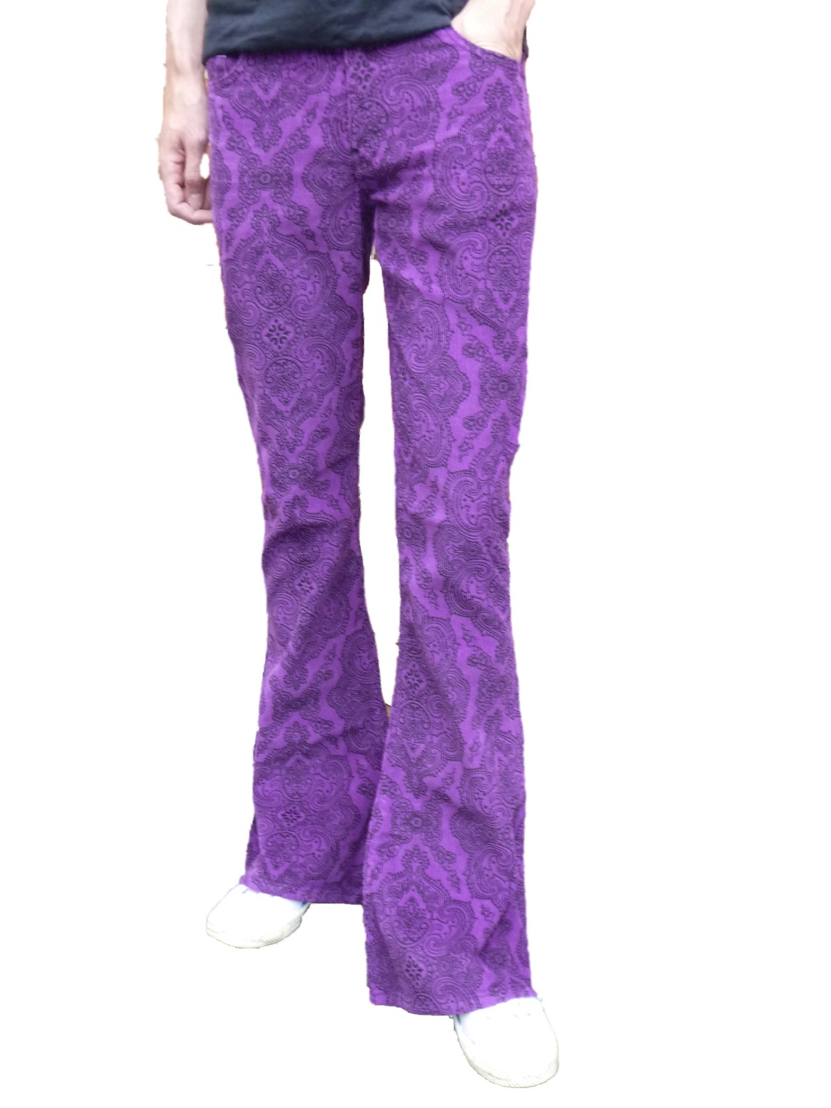 Mens Flares Purple Paisley Corduroy Flared Bell Bottoms Pants Hippie 60 ...