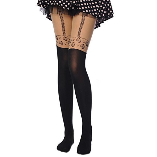 Womens Mock Suspenders Lace Pantyhose Tights Semi Sheer Thigh Stocking