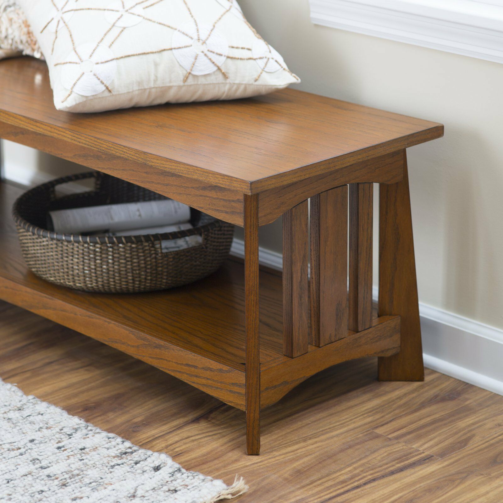 Traditional Oak Wood Bench Classic Mission Style Entryway Seat With