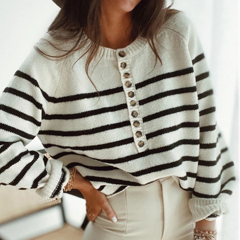New white striped long sleeve women sweater oversized jumper winter pullover