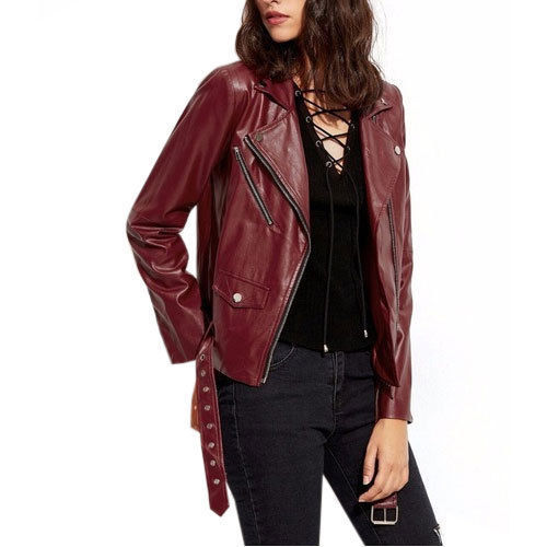 Women Genuine Lambskin Leather Jacket Maroon Slim fit Biker Motorcycle jacket