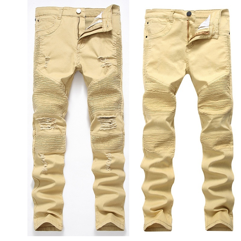 2021 New Fashion Men's Ripped Khaki Jeans Highly Skinny Slim Fit Pants 2 Pattern