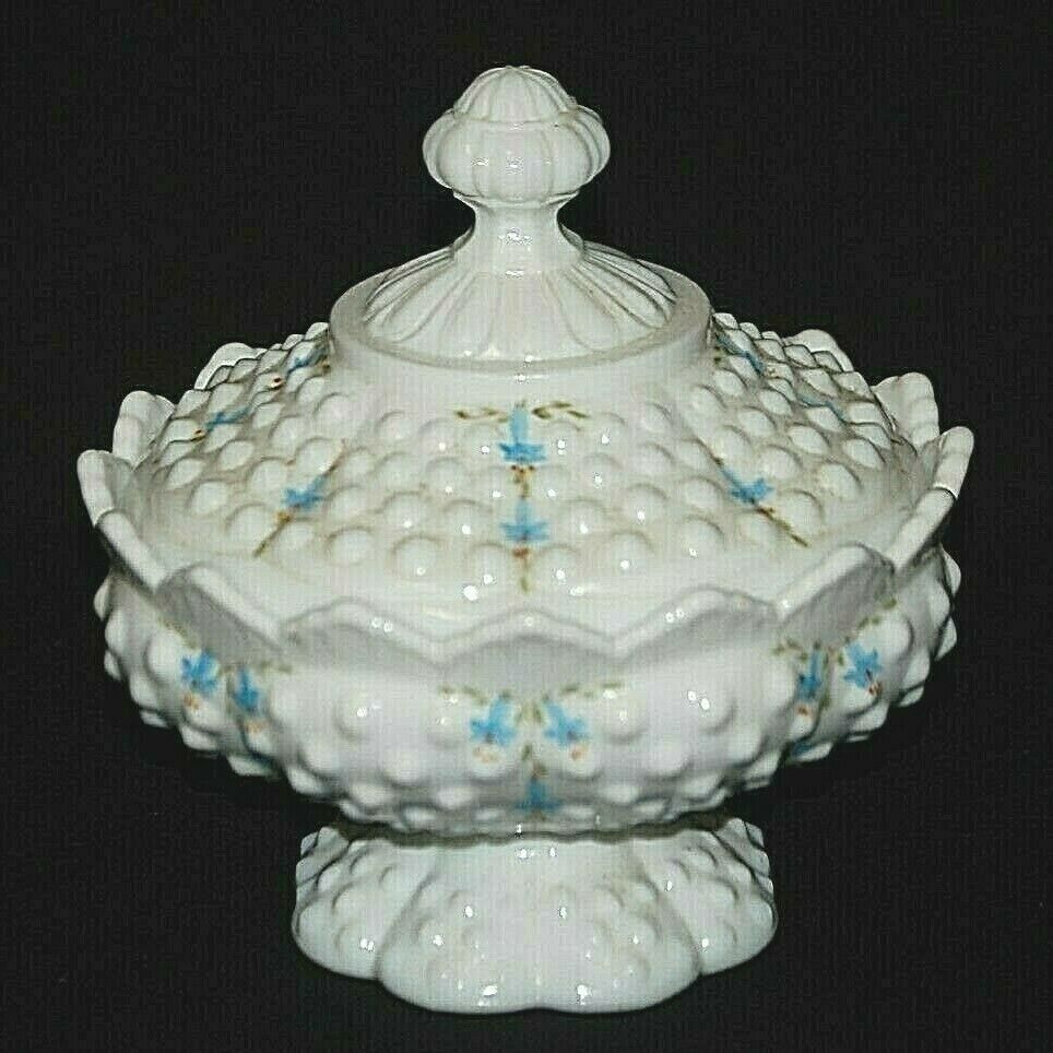 Primary image for Fenton Rare Bluebells Art Milk Glass Hobnail Dotted Covered Candy Dish Bowl 