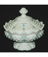 Fenton Rare Bluebells Art Milk Glass Hobnail Dotted Covered Candy Dish B... - $148.49