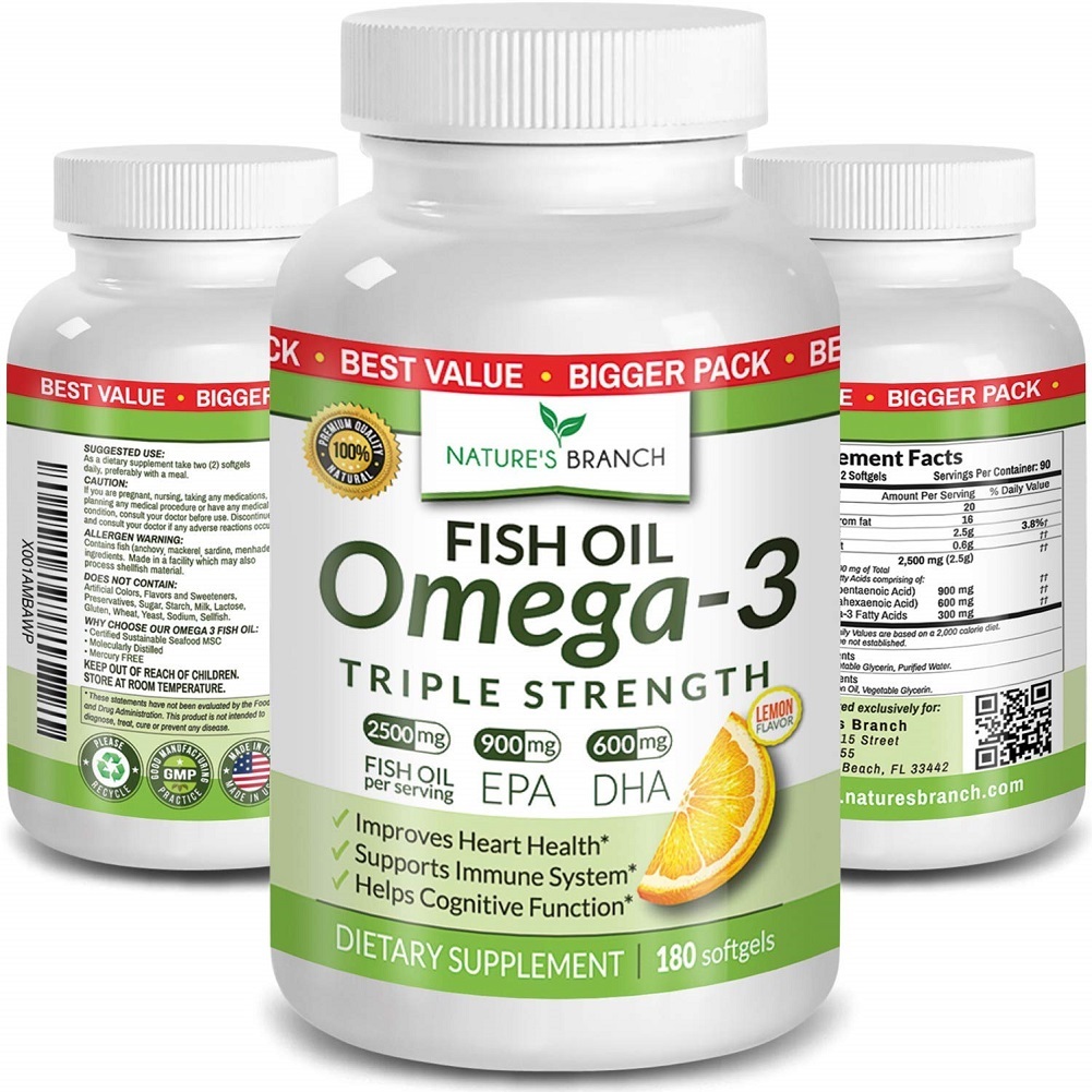 Nature's Branch - Best triple strength omega 3 fish oil pills - 180 capsules - 2500mg high potency