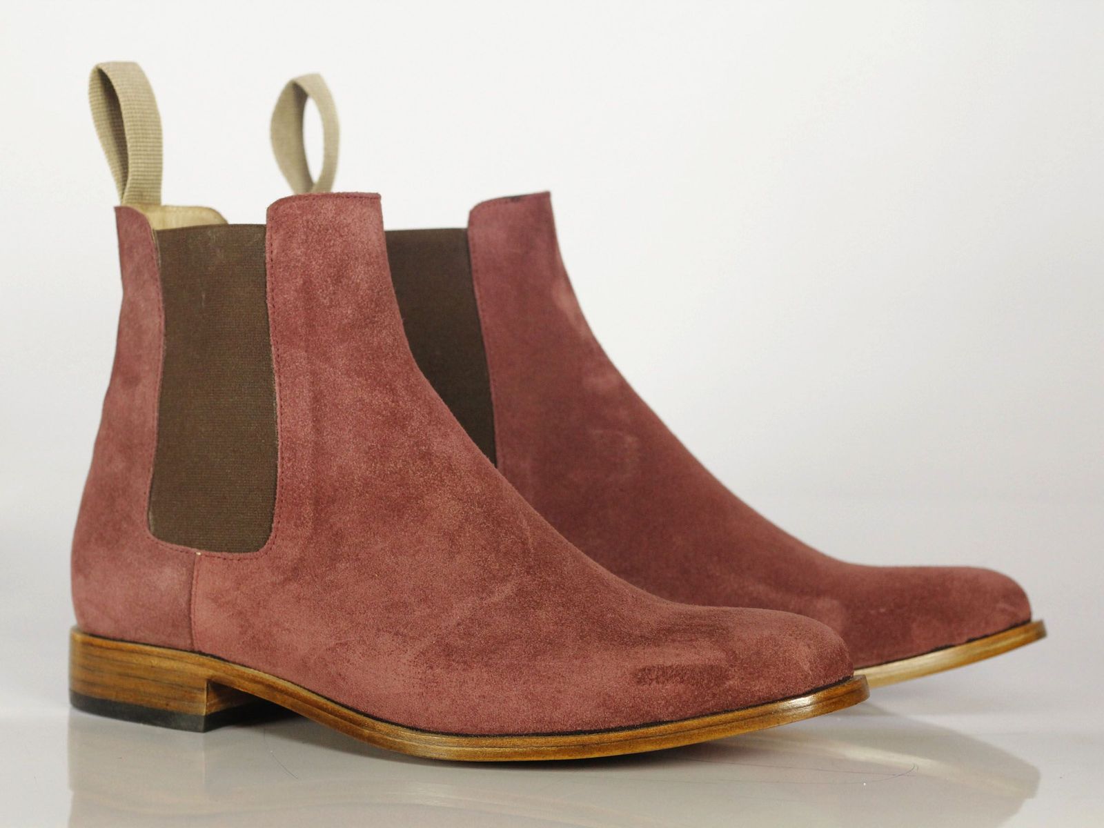 Bespoke Men's Pink Suede Leather Slip On Chelsea Formal Dress Leather Sole Boots