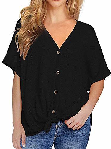 Womens Waffle Knit Tunic Blouse Short Sleeve V Neck Button Down T ...